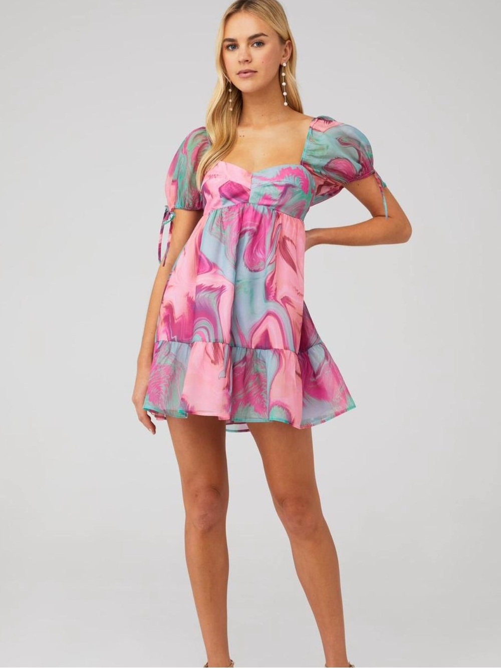 Amanda Uprichard Pink & Teal Marble Puff-Sleeve Mini Dress